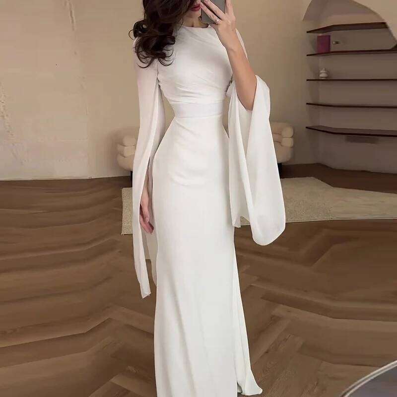 Fashion Satin Solid Robe Ladies Temperament O-neck Slim Evening Elegant Batwing Sleeves High Waist Pleats Long Dress C260312