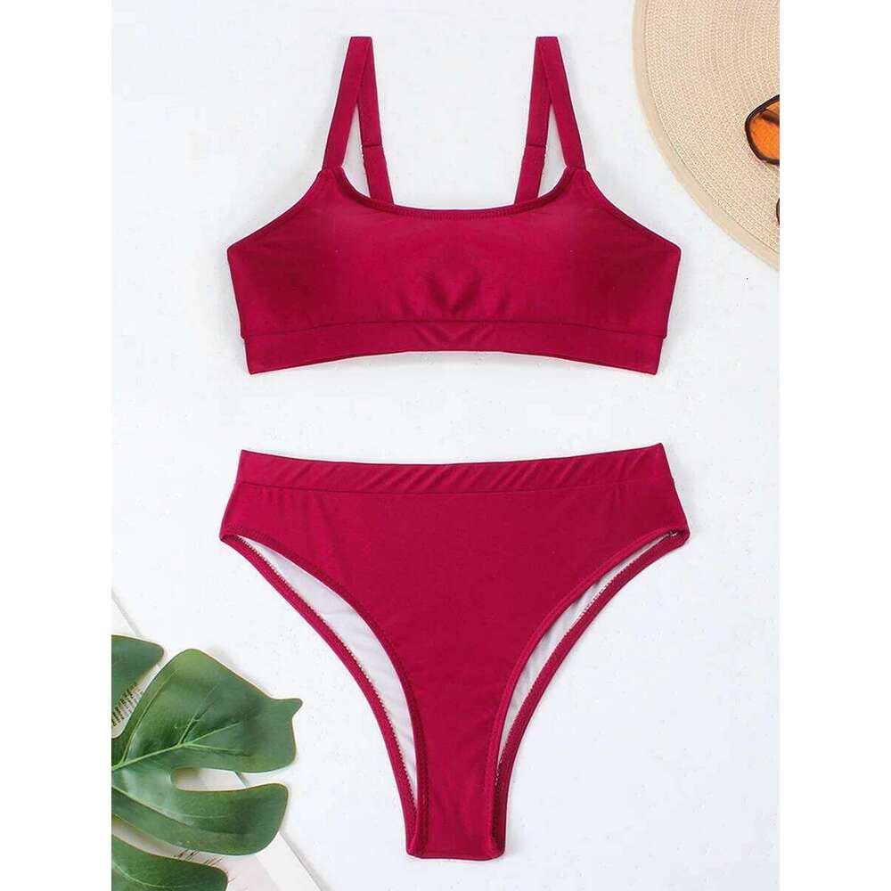 High Waist Bikini 2025 Solid Swimsuit Women Padded Swimwear Female Sports Bathers Bathing Swimming Swim Suit Beachwear Y260303