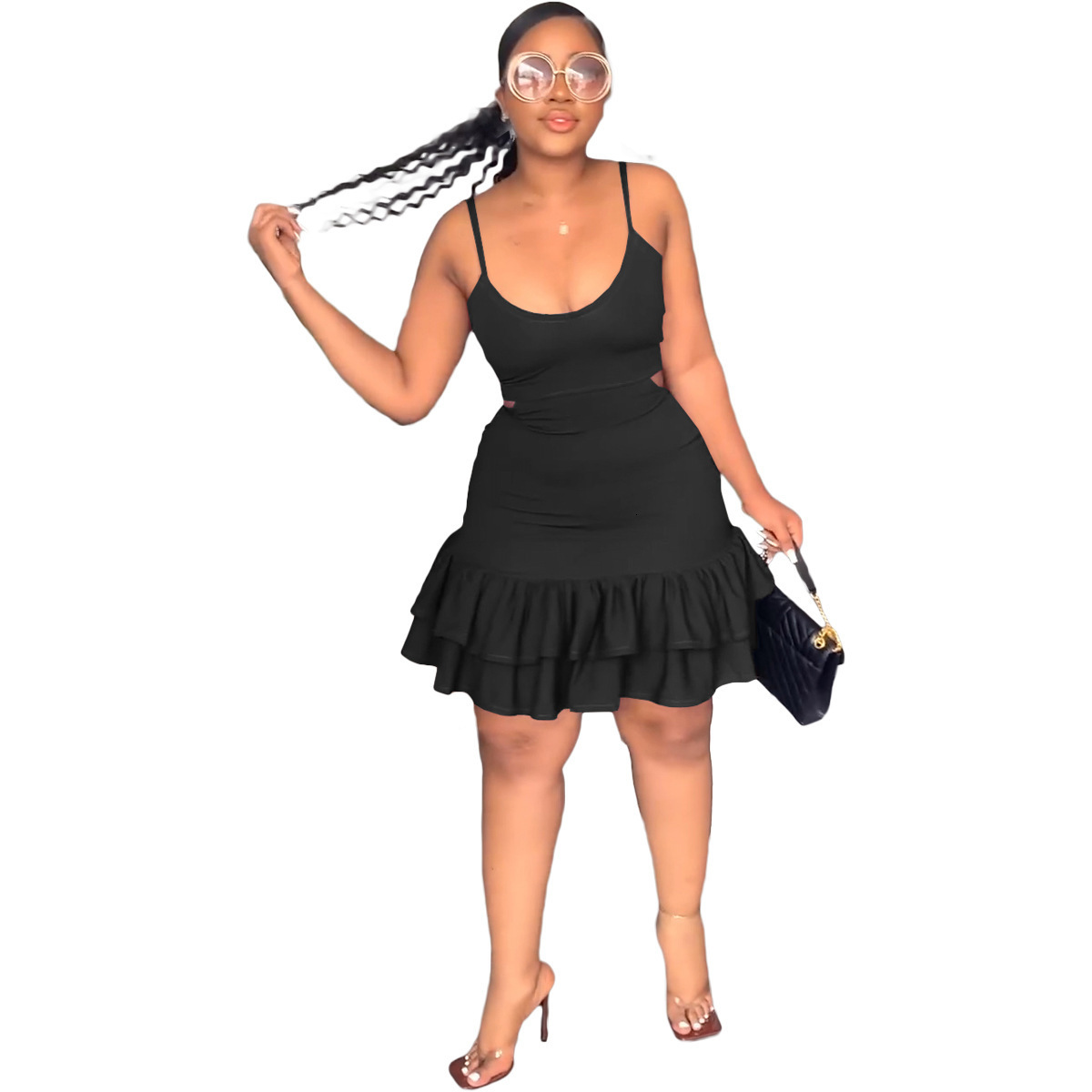 Womens Casual Fashion Strap Low-Cut Ruffle Hem Bodycon Dress