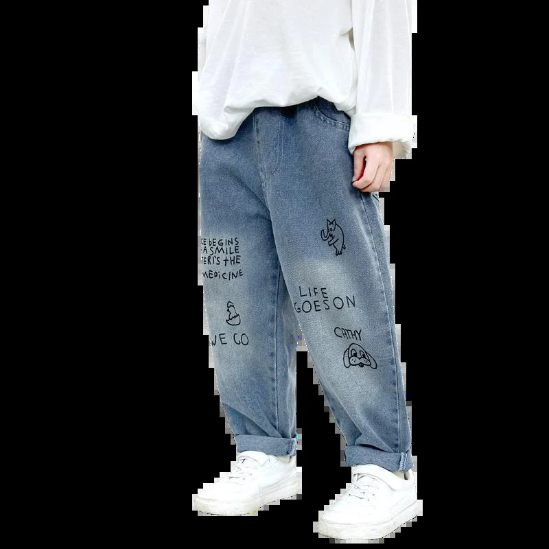 16Y Spring and Autumn Kids Jeans Boys Cartoon Print Denim Pants Girls Casual Trousers Childrens Clothing 260311