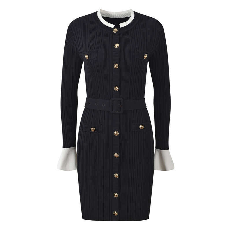 a16 2026 Spring/Summer New Designer Fashionable and Sexy Slim Fit Color Contrasting Knitted Mini Dress