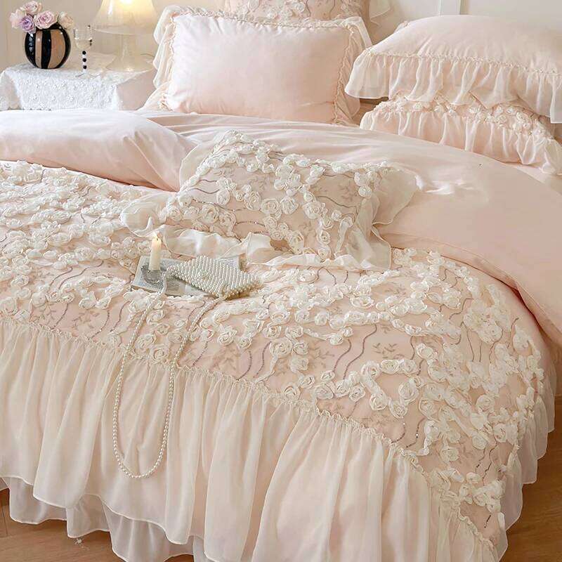 Korean Style Pink Lace Flowers Princess Bedding Set Egyptian Cotton Ruffles Comforter/Duvet Cover Bed Sheet Pillowcases H260312