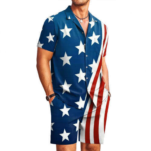 Men's summer Cuban collar short-sleeved with special symbol line print men's shirt comfortable, breathable and versatile