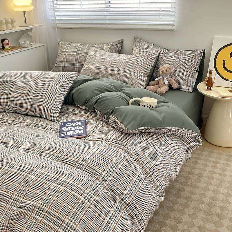 Nordic Plaid Pattern Wash Cotton Bedding Duvet Pillowcase Sheet Comforter Cover Bed Linens Set Queen King Size H260312