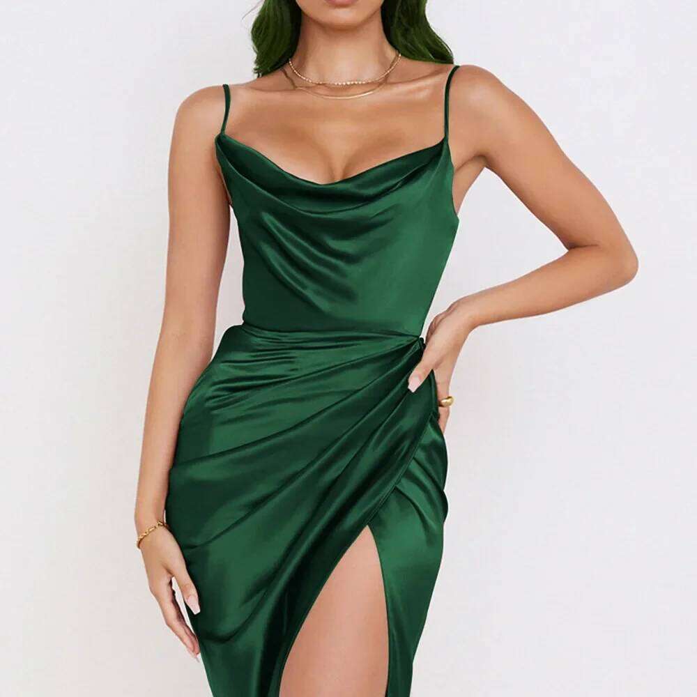 New Asia Ruched Satin Summer Dress Drawstring Spaghetti Straps Cowl Neck Backless Long Dresses for Women Party Sexy Vestidos C260312