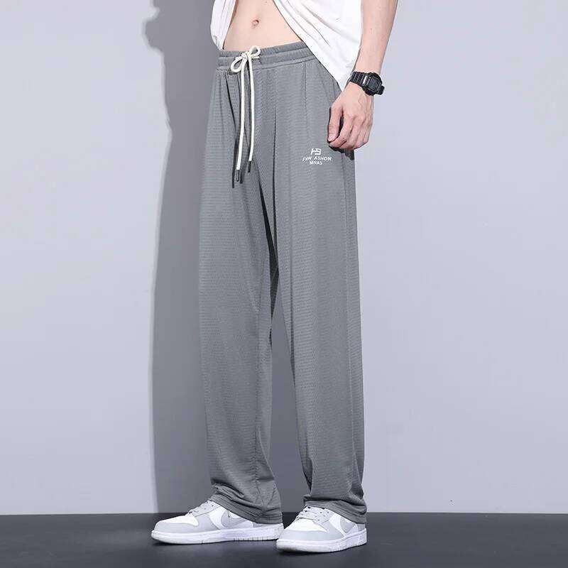 Summer Thin Mesh Net Hole Fabric Casual Pants Men Breathable Elastic Waist Baggy Korean Jogging Work Straight-leg Trouser New