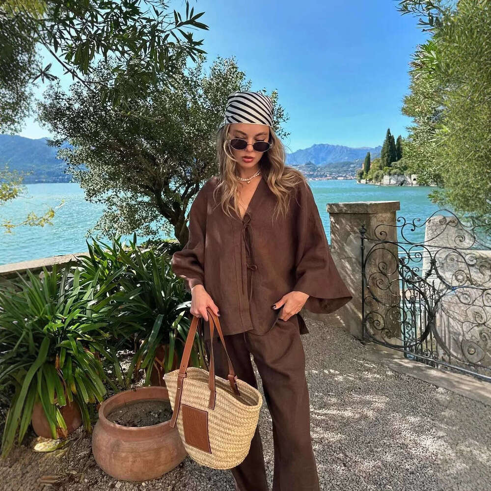 Spring Summer New Casual Cotton Suit Lace Up Top Wide Leg Pants European And American Cross Border