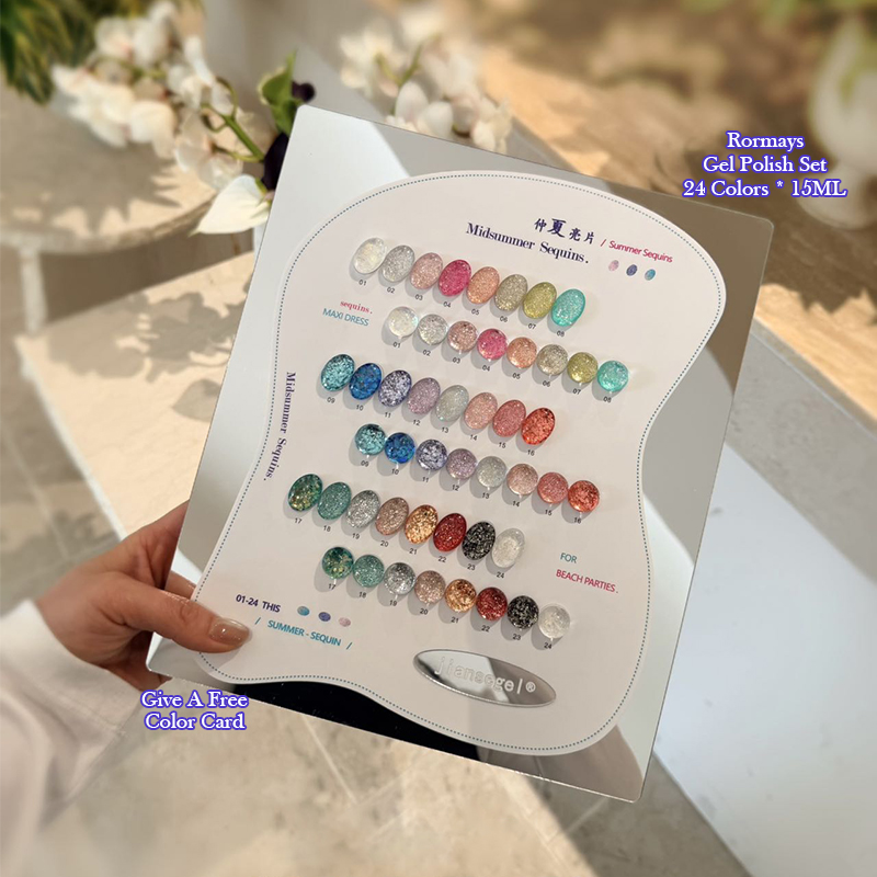 jiansegel Midsummer Sequins Nail Gel Polish 24 Colors Summer Glitter UV/LED Soak Off Nail Art Gel for Beach Parties