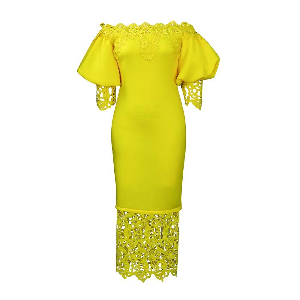 D247 New Off-Shoulder Bodycon Lace Patchwork Lantern Sleeve Dress