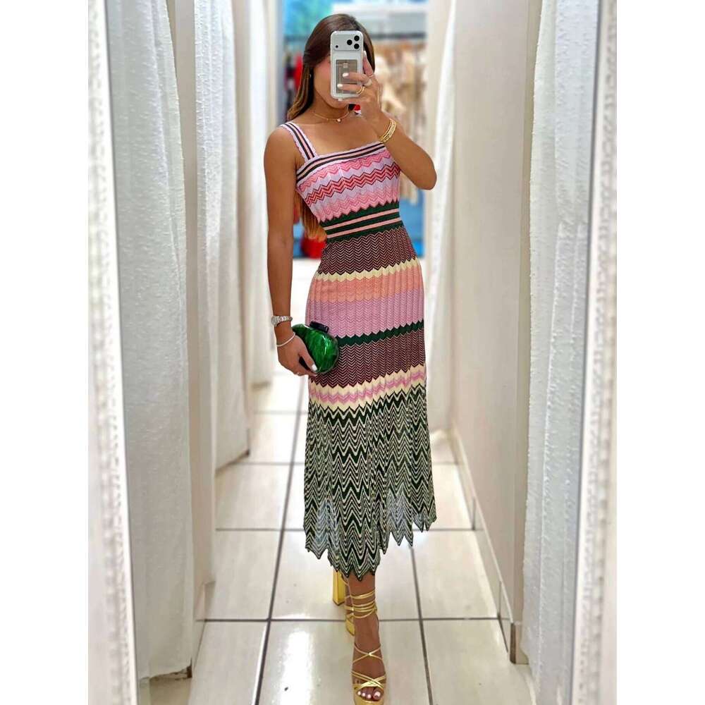 Popular Arab Pink Knit Zigzag Luxury Brand Design Dress For Woman High Quality Africa Bohemia Zig Zag Long Skirt Clothes C260311