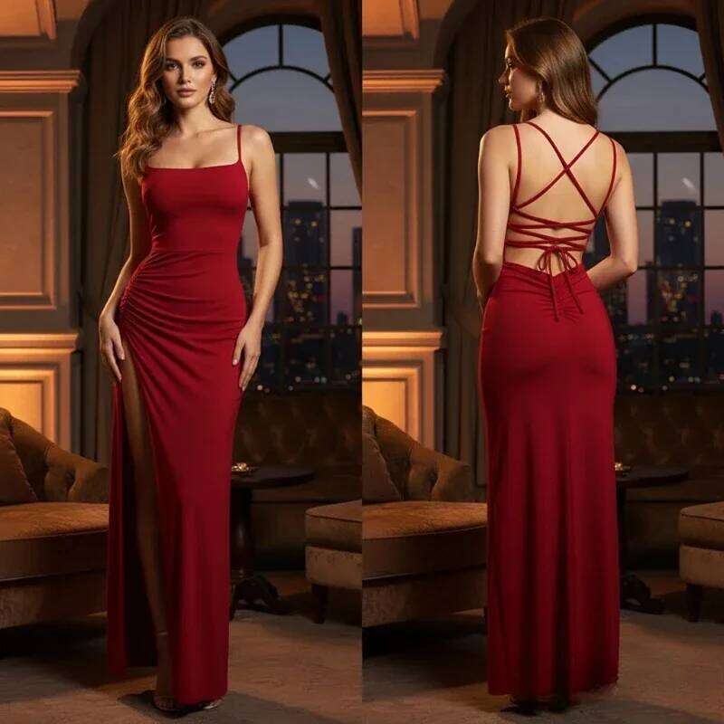 Summer Backless Bandage Sexy Club Women's Elegant Spaghetti Strap Evening Party Dresses Split Slim Solid Color Long Dress C260312