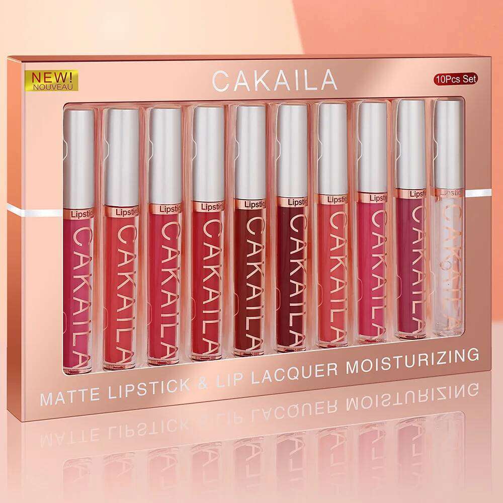 CAKAILA 10 pcs Matte Velvet Nude Lip Gloss Set Lipstick color showing waterproof non-stick liquid lipstick lip gloss W260311