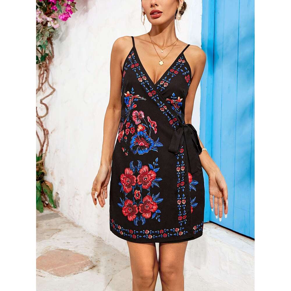 2025 New Arrival: European and American Sexy Fashion Digital Print Tie-Neck V-Neck Strap Dress