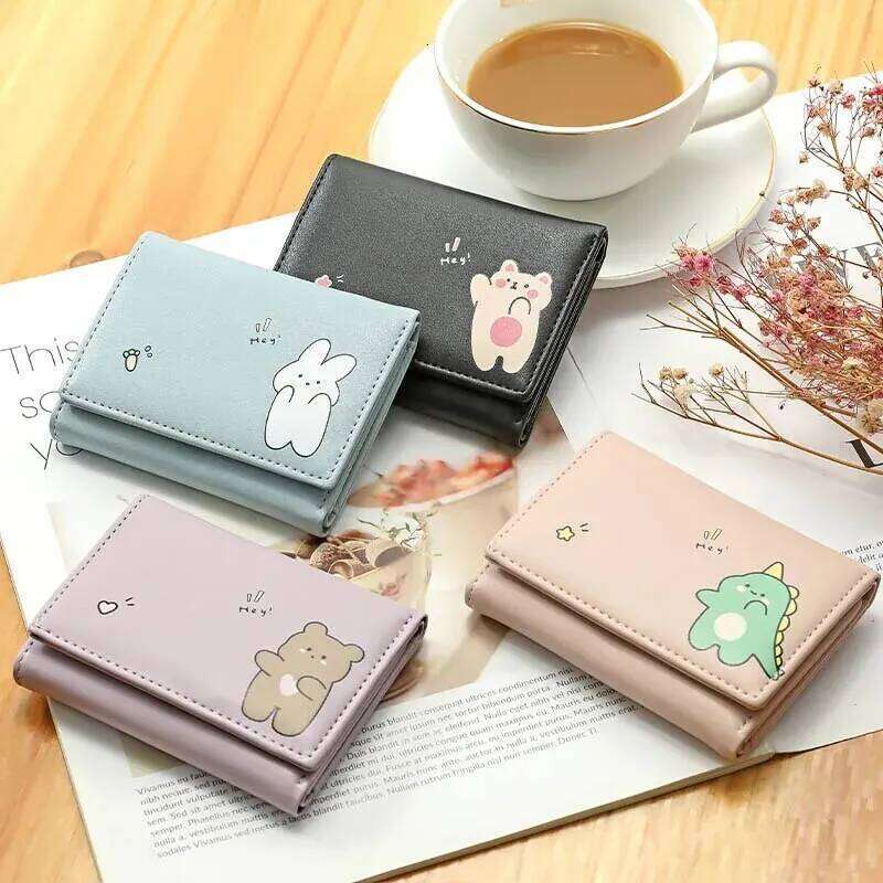 2024 Women Short Cute Small Wallet with Hasp ID Bank Card Holder for Student Girl Coin Purse Ladies Wallets Cartoon Bag Pink