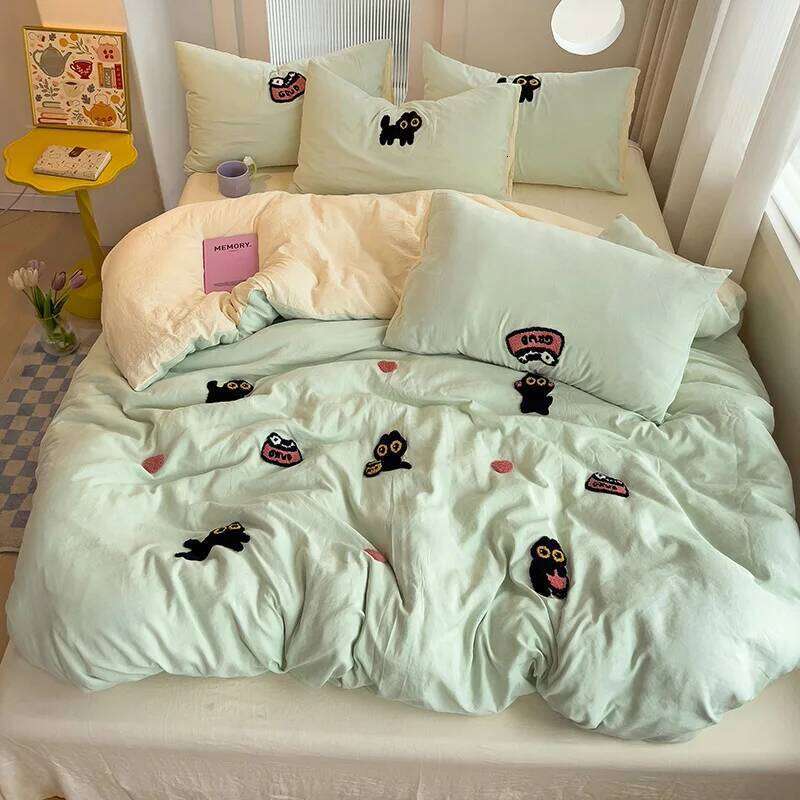 Bedding 2024 New Seasons Super Soft Washed Cotton Towel Embroidery Duvet Cover Four Piece Set - Lucky Cat Series H260312