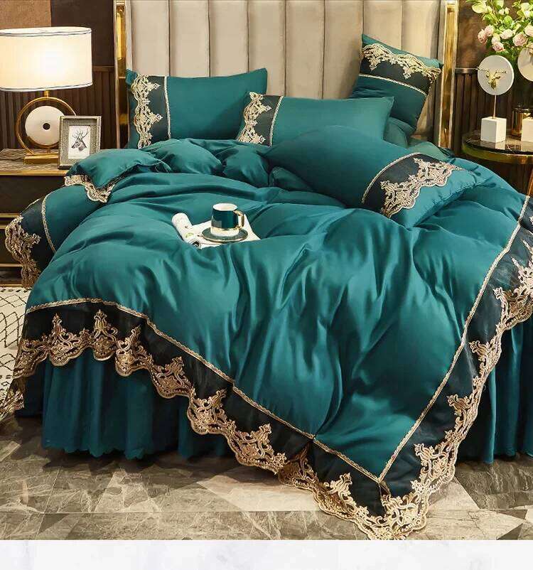 Skincare Polished Light European Style Embroidery Solid Color Lace Bed Skirt Four Piece Set H260312