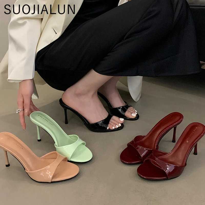 SUOJIALUN 2025 Summer New Women Slipper Fashion Open Toe Slip On Slides Ladies Elegant Thin High Heel Dress Pumps Slides K260312