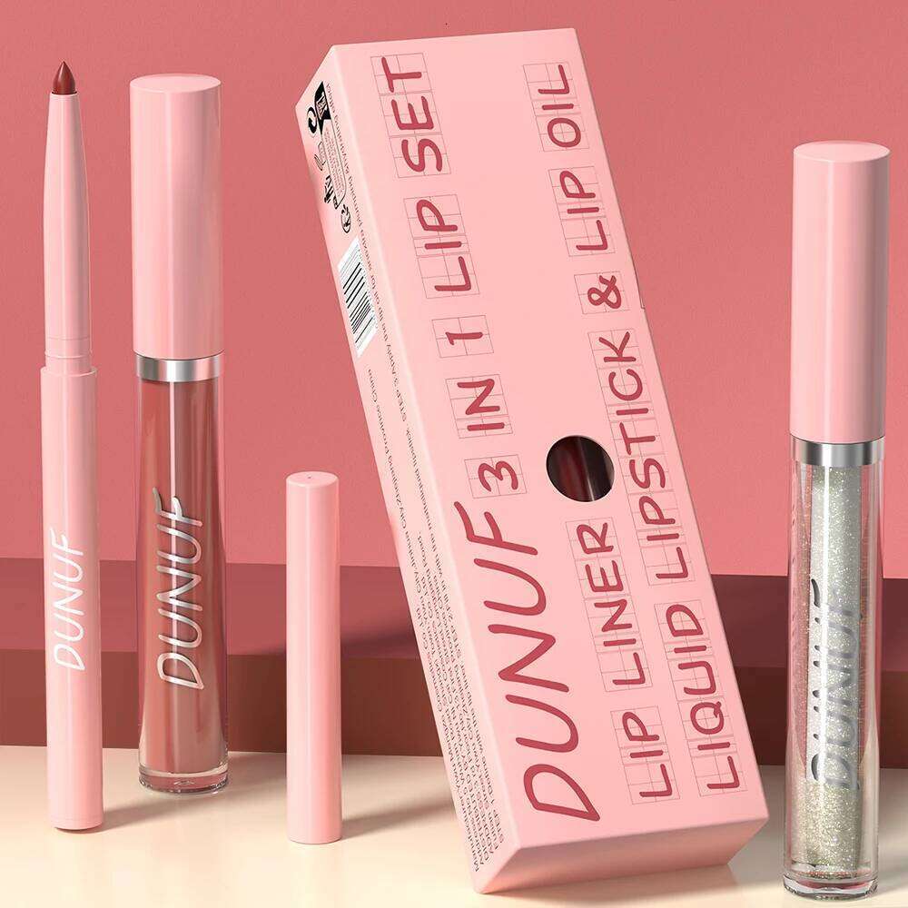 Matte Liner Gloss Lip Oil Set, 3-in-1 Waterproof Non-sticky Long-Lasting Lipstick, Nude Deep Red Mauve, Christmas Makeup W260311