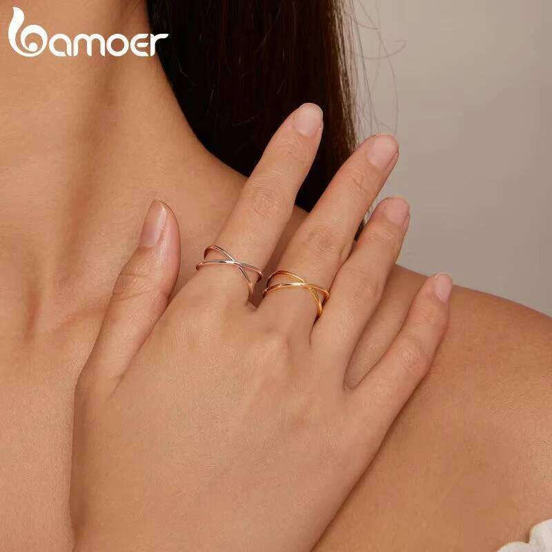 BAMOER 14K Gold Plated X Dainty Minimalist 925 Sterling Silver Cross Ring for Women Promise Jewelry 2 Colors SCR543 H260312