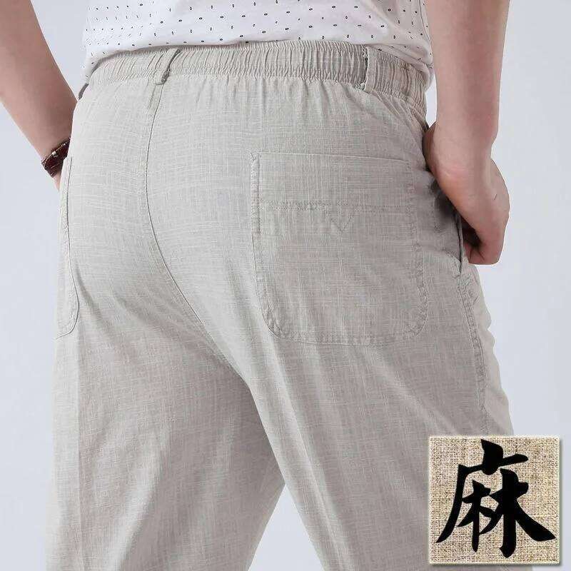 Mens Cotton Linen Long Summer Elastic Trousers Solid Breathable High Waist Loose Leisure Resort Thin Straight Pants