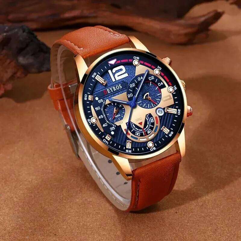 2PCS Set Luxury Brown Mens Quartz Watches Fashion Male Business Casual Wristwatch with Bracelet