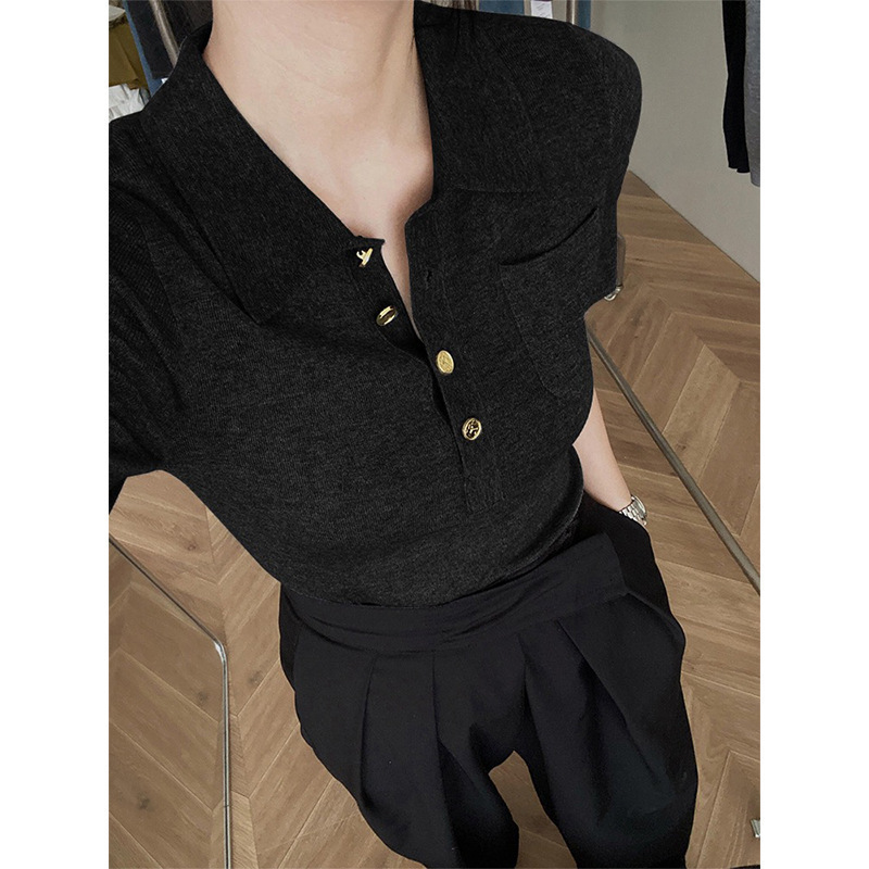 French-style Polo Collar Gray Polo Shirt Knit Top For Women Designer Designer Shirt Hoodie Summer Short Style High-end And Elegant Ice Silk Regular Sh