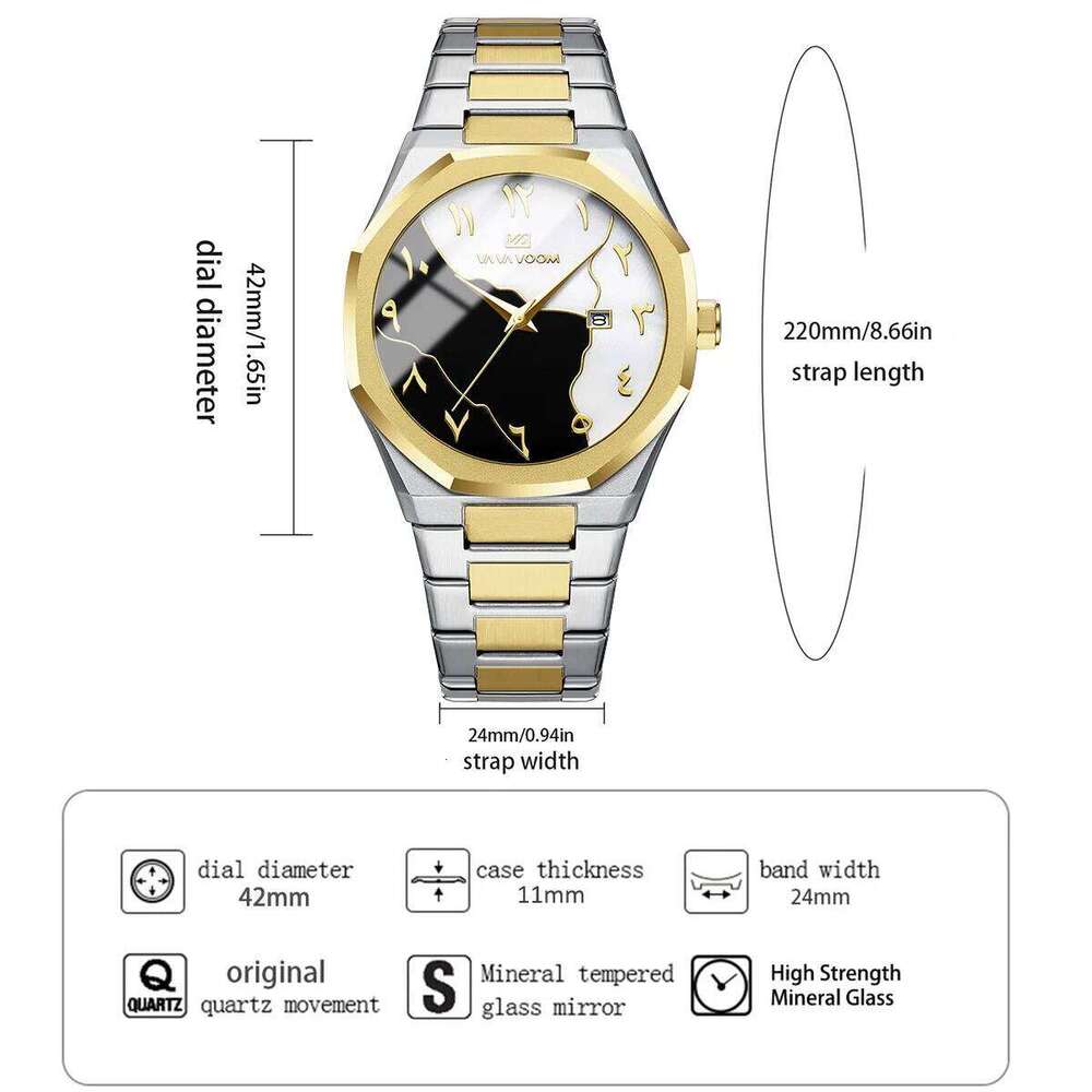 Top Brand Watch Marble Dial 42mm Arabic Scale Clock Silver Stainless Steel Quartz Movement Sports Business Wristatch for Men