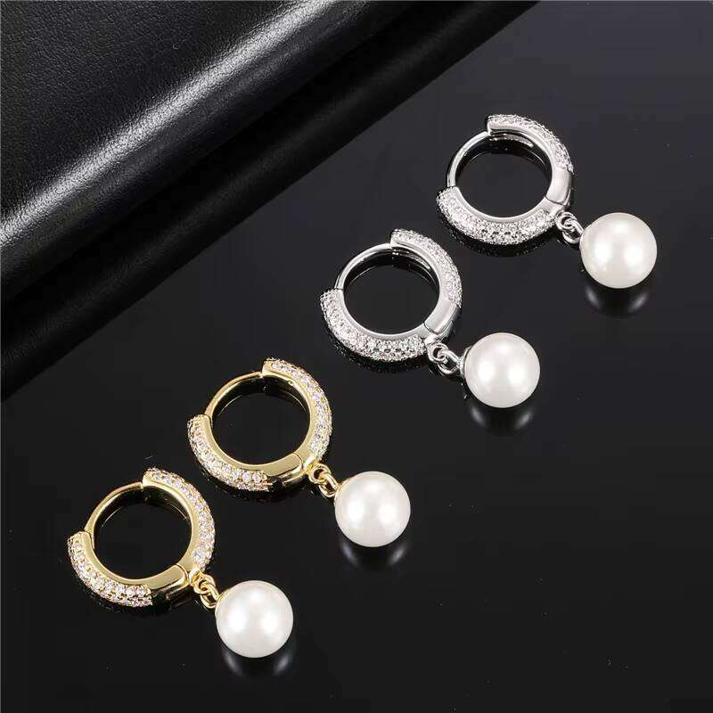 Hip-Hop Jewelry Gold-Plated Drop Ice Out CZ hip-hop moissanite Hoop Pearl Dangle Earrings