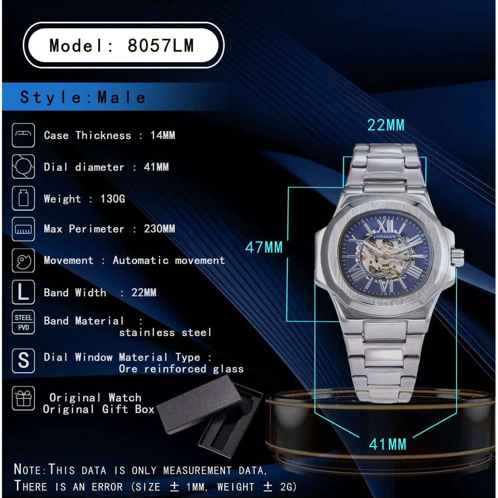 LONGLUX HOT SALE NEW automatic mechanical men rome business waterproof skeleton luminous stainless steel gift watch