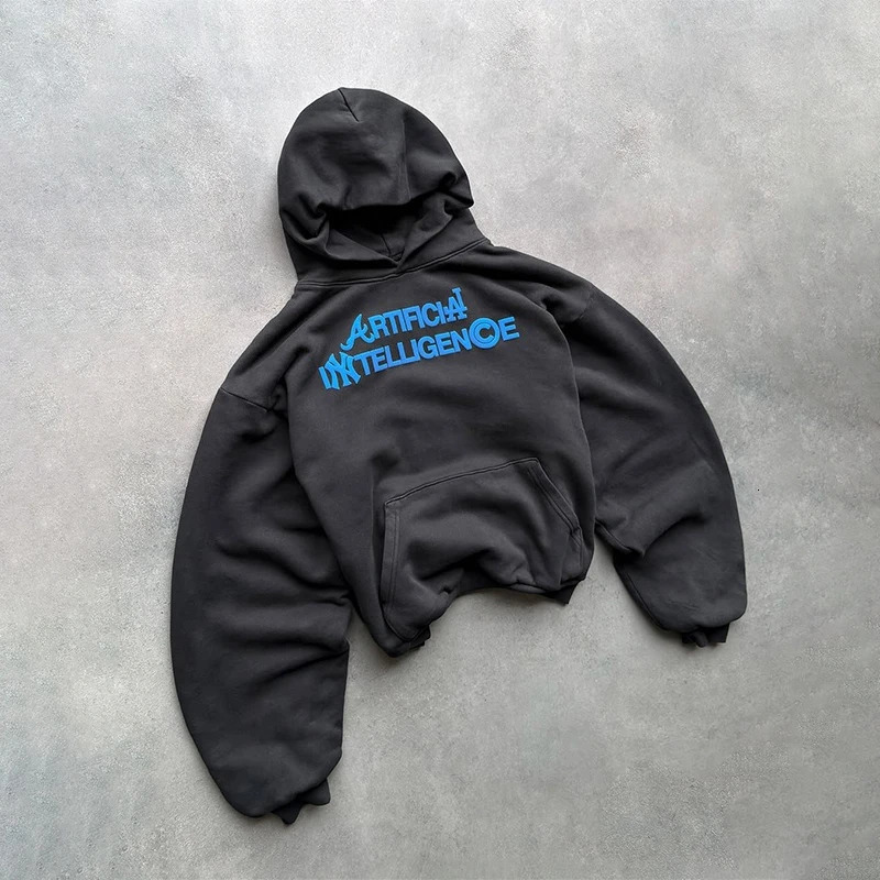 AI Artificial Intelligence Pattern Printing Oversize Black Casual Loose Pullover Hooded Y2K Men Women Trendy Hip Hop Streetwear 260311