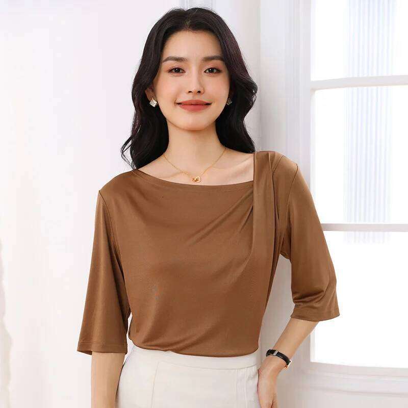 2026 Summer New T-Shirt Knitted Short Sleeve High End Acetate Fiber White Fashion Women's Top MAKOUFEI