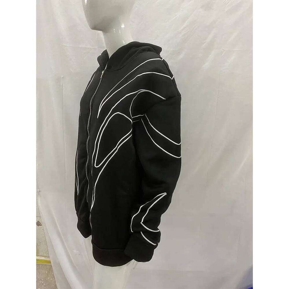Street Retro Fashion Clothing Striped Embroidered Black Double Zipper Hoodie American Hip-hop Punk Oversized Sweatshirt women 26H0311