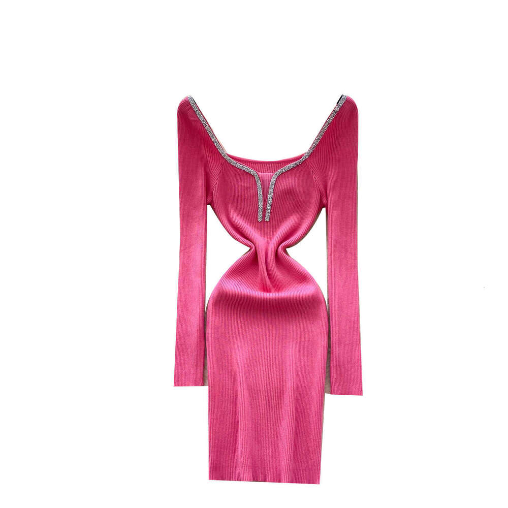 Goddess style elegant high-end heavy rhinestone decoration square neck long sleeved knitted dress slim a20 fit waist exquisite