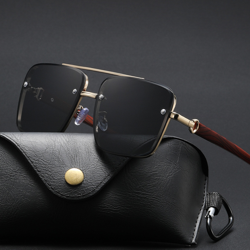 New Metal Double Beam Square Frame Wood Grain Leg Trendy Men's Driving Sunglasses