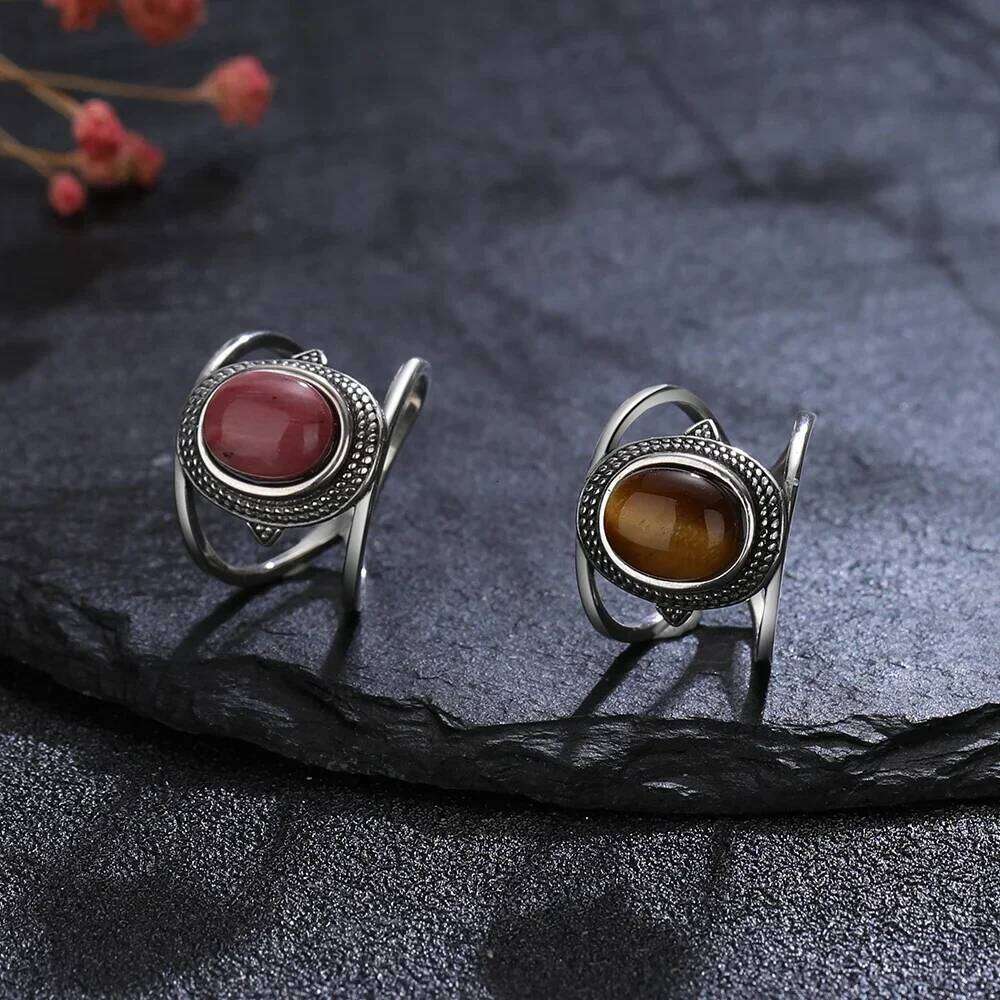 Luxury Natural 8*10MM Tiger's Eye Stone Rhodochrosite Rings Gemstone Fine Jewelry Gift 925 Sterling Silver Ring for Men Women H260312