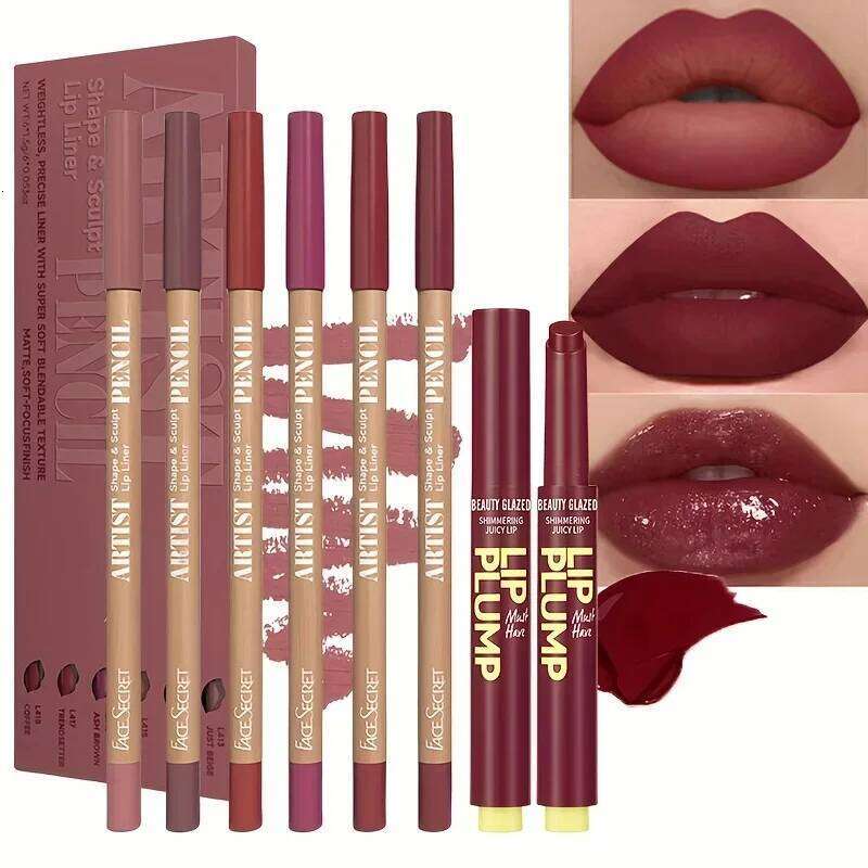 7pcs Makeup Liner Set + Lip Matte Waterproof Long lasting Lipliner Pen Moisturizing Jelly Lipstick W260311