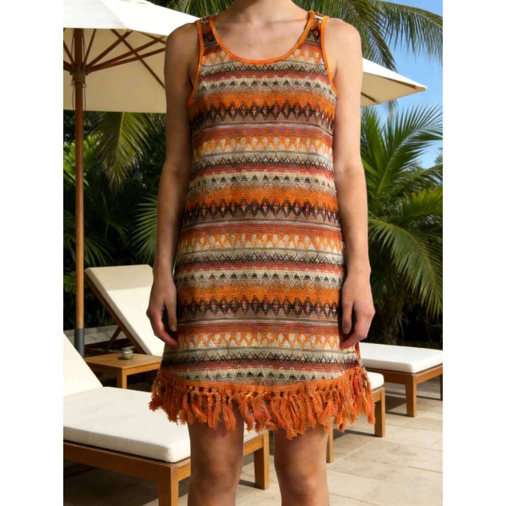 Retro Geometric Sleeveless Tank EU/US Style Orange-Brown Fringe Hem Knit | Summer Beach Casual Mini Dress C260312