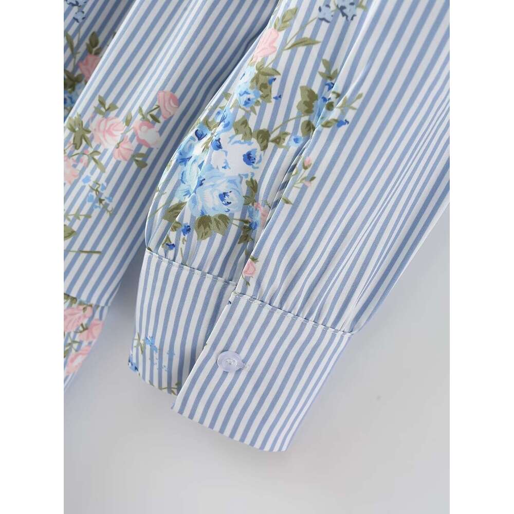 2025 Foreign Trade Cross-Border European and American Women's Long-Sleeve Striped Floral Shirt Dress