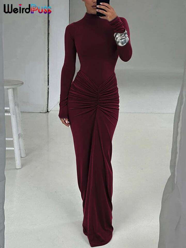 Weird Puss Hipster Ruched Dress Women o-NeckFull Sleeve Skinny Stretch Robe Autumn Trend Simple Classic Pleats Long Bodycon C260312