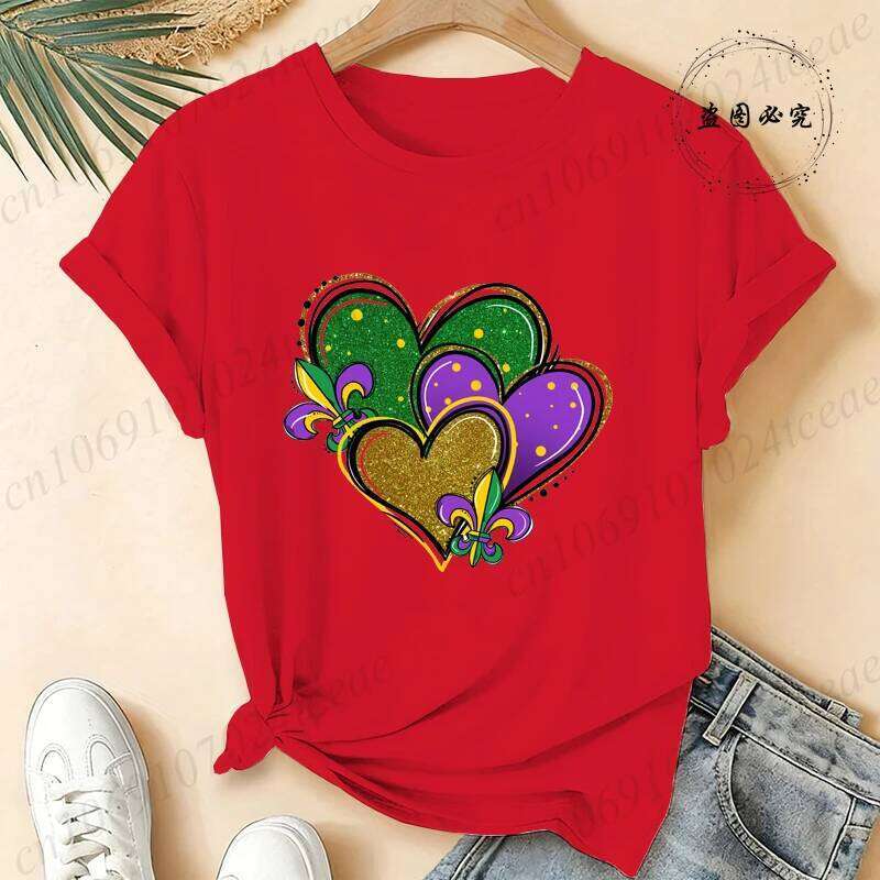 Mardi Shirt for Woman,Mardi Gras Heart T-Shirts,Fat Tuesday Shirt,short Sleeve Clothes,summer Fashion Women's T-Shirts Tops Z260312