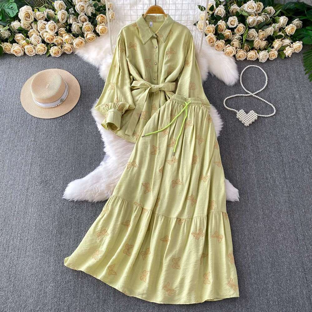 2026 Retro A17 Style Elegant, Unique, Exquisite Embroidered Butterfly Long Sleeve Sunscreen Shirt with High Waist Skirt
