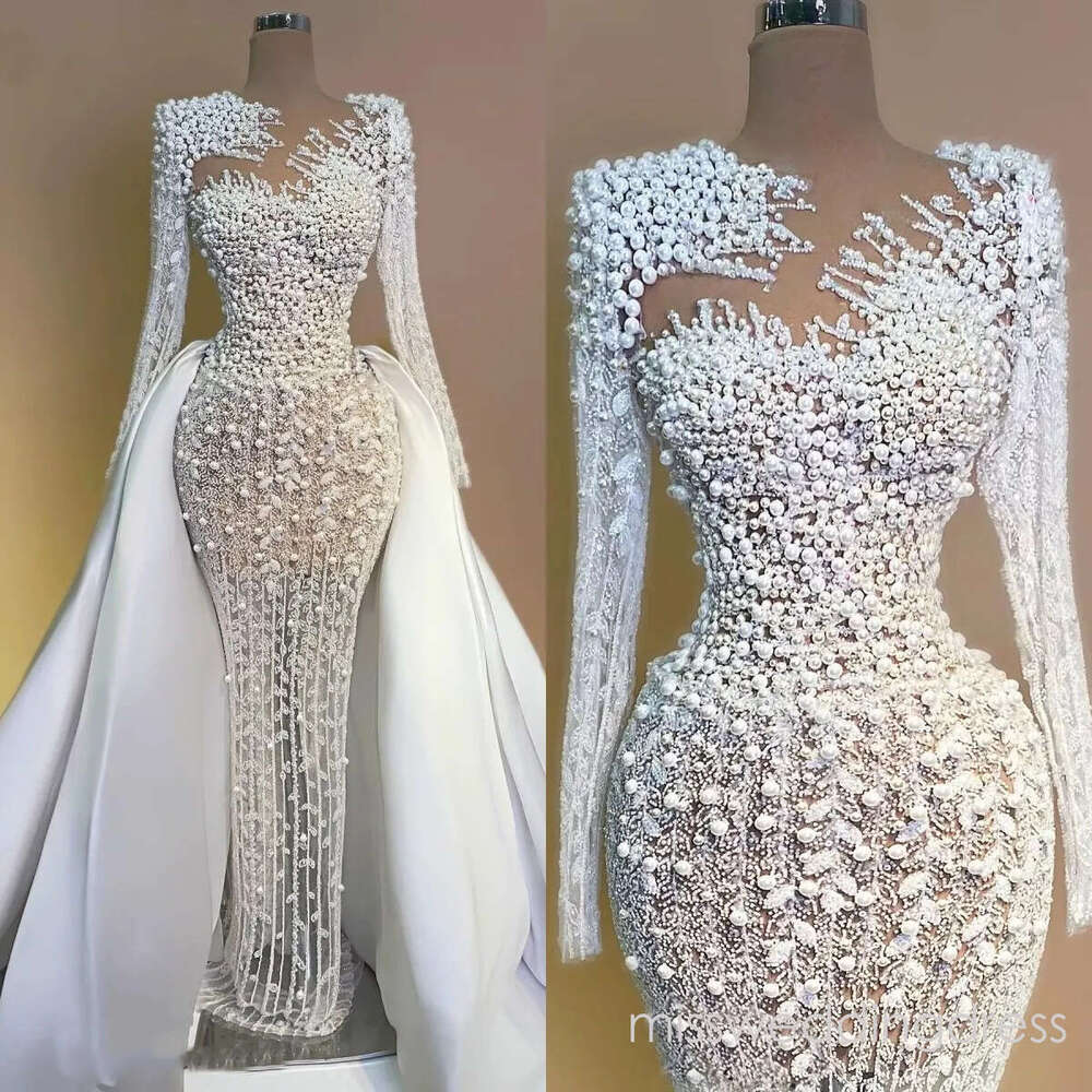 Gorgeous Pearls Wedding Dresses Sequins Mermaid Bridal Gowns with Overskirts Beading Long Sleeves Customized Princess Sweep Train Bride Dress Vestidos