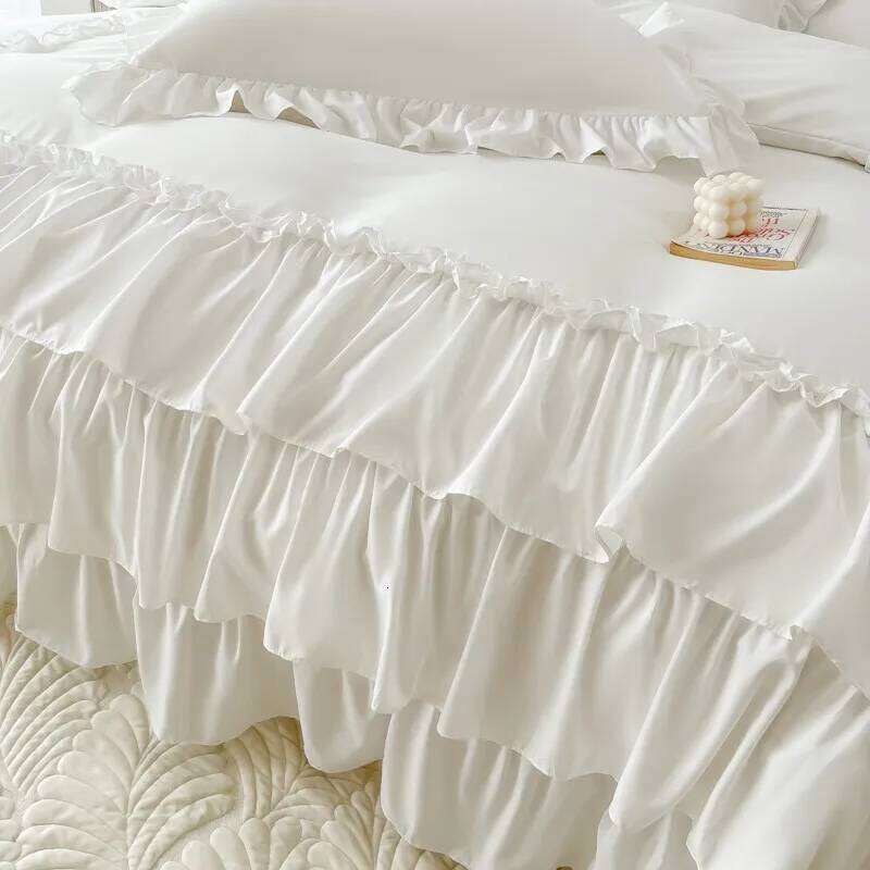 Ruffle Queen Twin 100%Washed Microfiber 3pcs Bedding Set, Shabby Chic Farmhouse Duvet Cover Pillow shams H260312