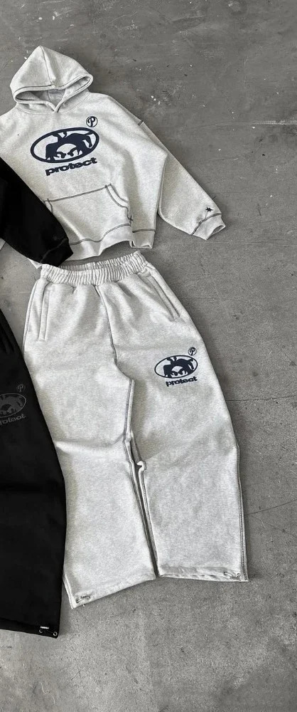 Printed pants with a hooded cardigan set American rock loose sweatshirt Y2K vintage letter long pants with hooded long sleeves 260311