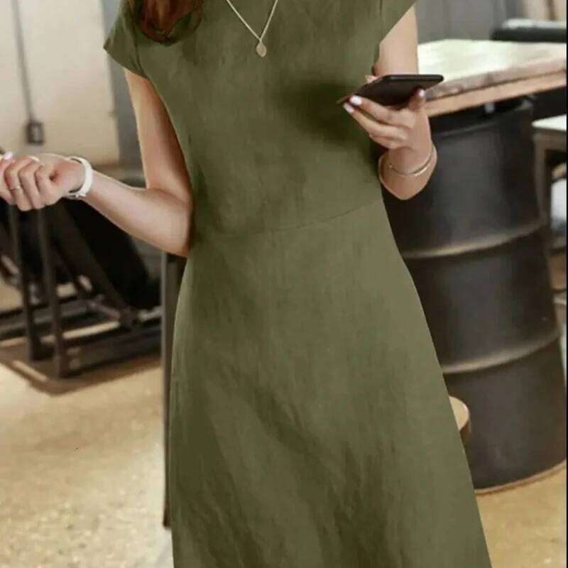 2025 Spring Cotton Linen Women's O-neck Short Sleeve A-line Casual Dresses Female Trendy Fashion Loose Clothes Ladies C260311
