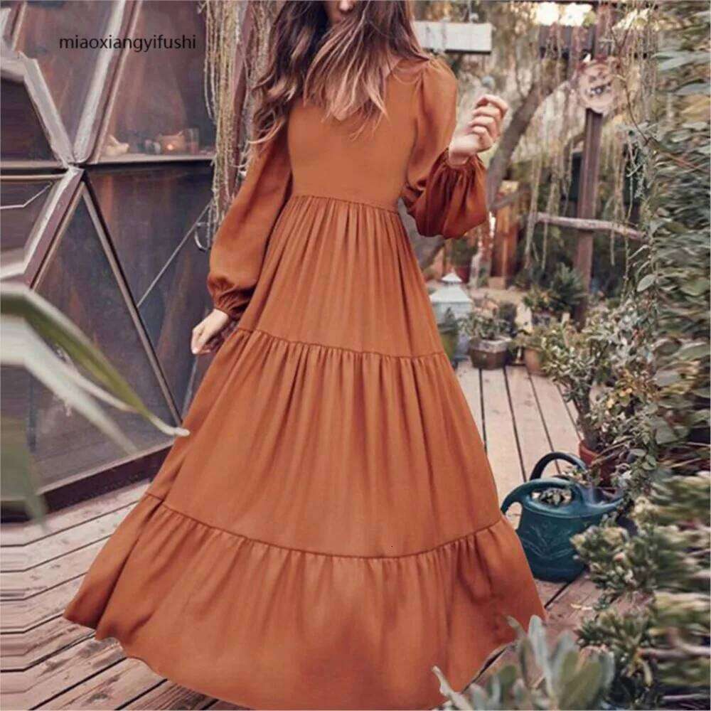 Elegant V-neck High Waisted Ruffle Spliced Long Autumn Streetwear Women's Large Swing Dress 2024 Femme Robe C260312