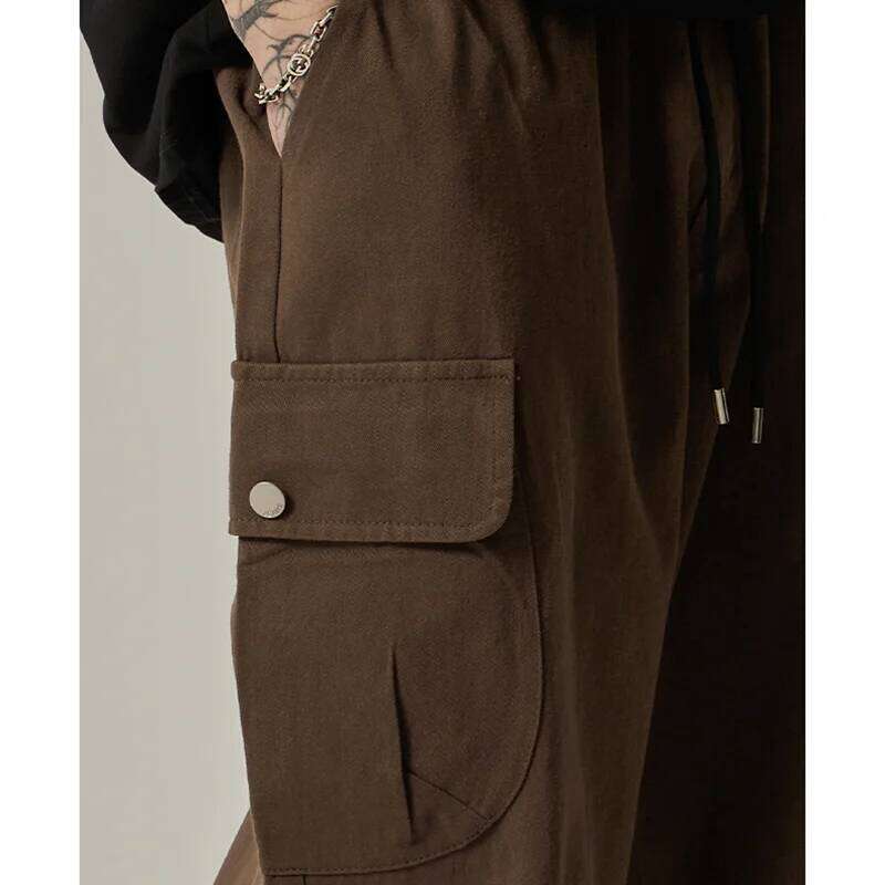 Men's Sweatpants 2025 Spring Autumn Vintage Japanese Wide Leg Straight Loose Button Big Pockets Cargo Pants Drawstring Trousers