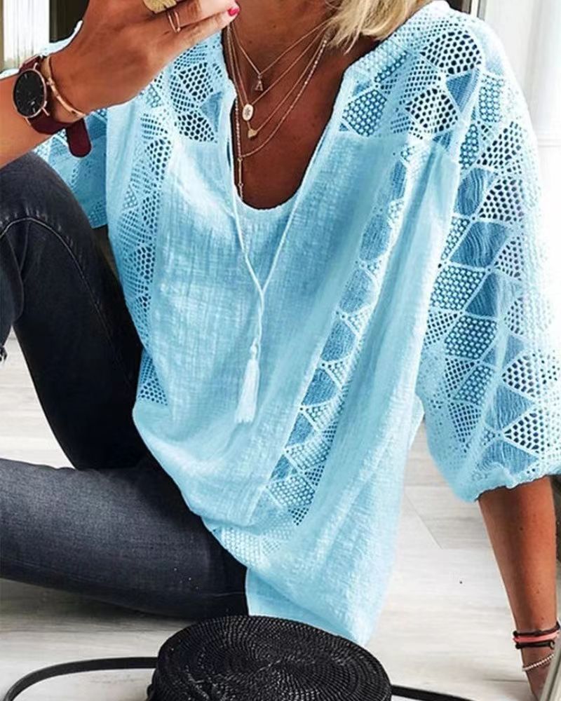 Women's Hollow Out V-Neck Short Sleeve Cotton White Shirt Loose Stitching Lace Blouse Casual Tops Summer Fashion