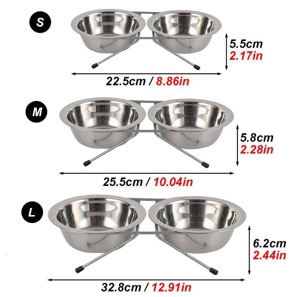 1pc S/M/L Stainless Steel Floor-standing Double Bowl Fall-proof & Durable Line Iron Frame Feeder Dog Bowls for Pet Dogs Cat 26Y0312