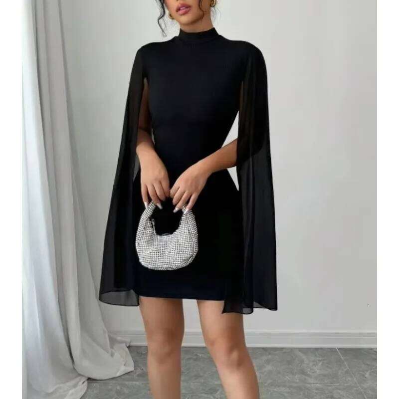 2025 Black Evening Party Dresses Women's Round Neck Pit Bar Pearl Chiffon Cloak Wrapped Hip Dress for Women Vestidos Para Mujer C260312